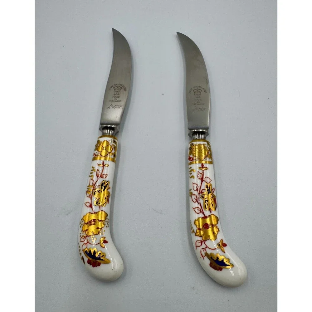 ROYAL CROWN DERBY Two Fruit Knives Asain Rose Pattern Vintage Sheffield, England